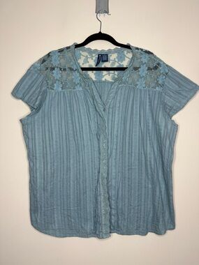 ARCHITECT WOMAN Blue Floral Mesh Yoke Boho Pintuck Cotton Prairie Blouse Top